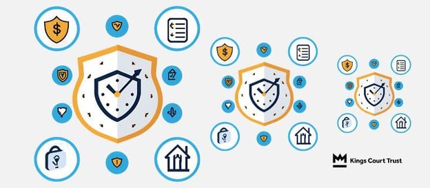 A modern, digital graphic that includes icons such as a checklist, a shield, a dollar sign, and a clock. 