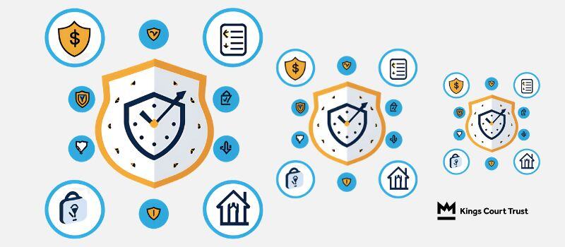 A modern, digital graphic that includes icons such as a checklist, a shield, a dollar sign, and a clock. 